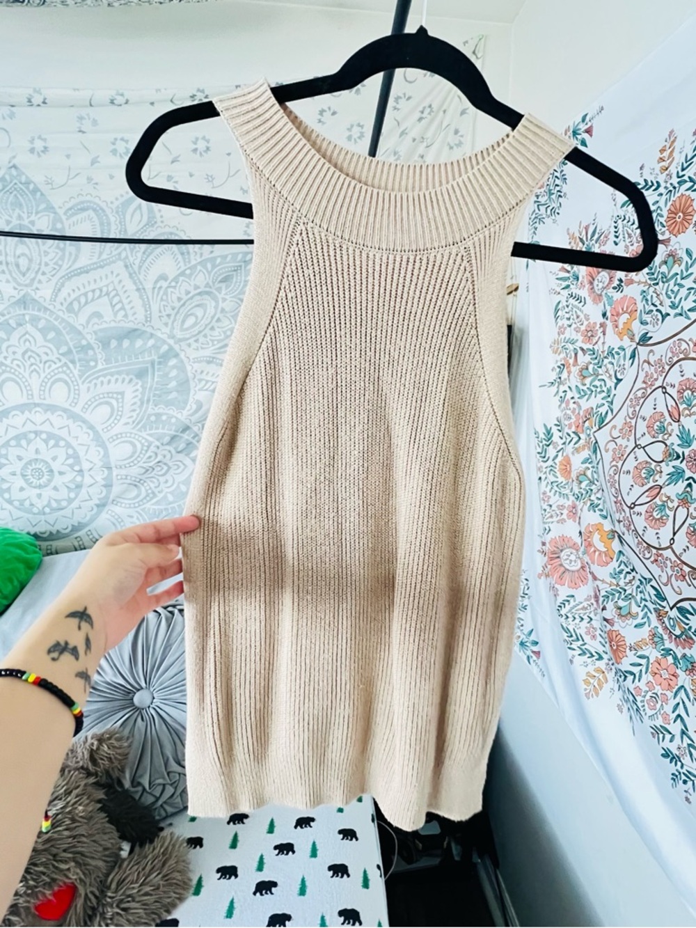 Beige Ribbed Knit Halter Top